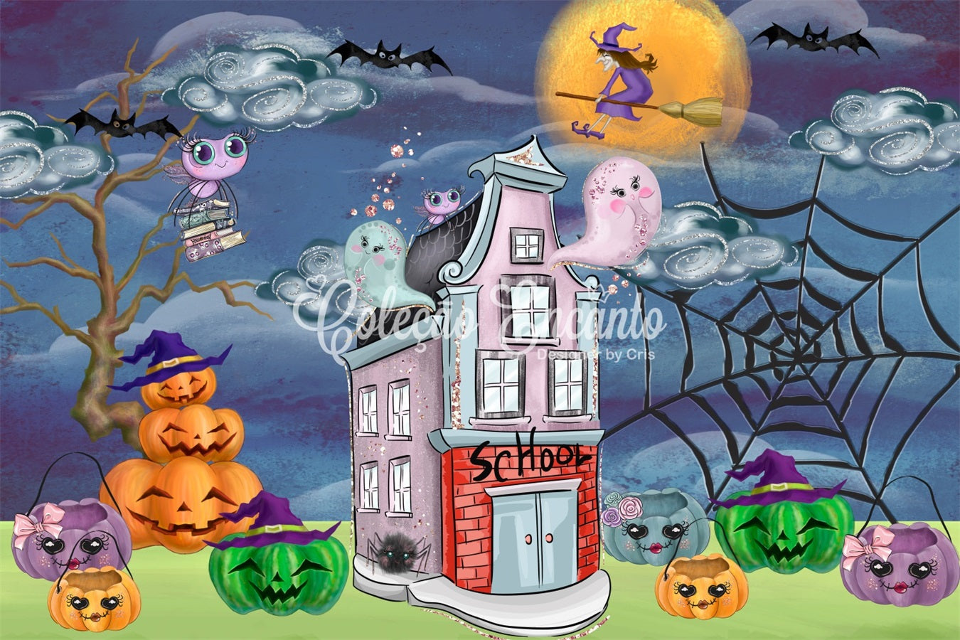 Neugeborenen-Hintergrund Gruselige Schule Kürbis Hexen-Nacht Halloween-Hintergrund für Kinder von Magali