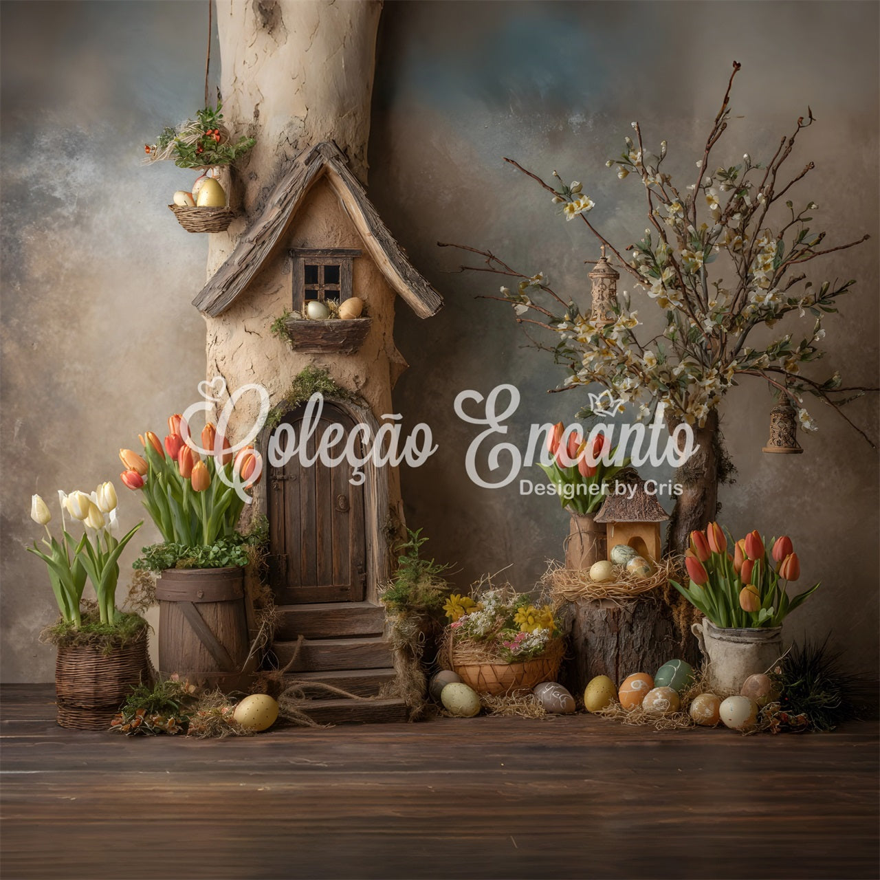 Oster-Tulpen-Hintergrund Rustikales Cottage Nestblume Oster-Fotoshooting-Hintergrund von Magali