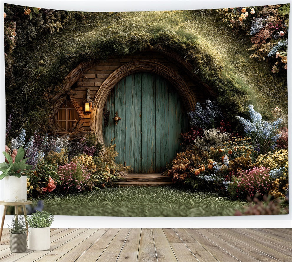 Osterhasenbau-Hintergrund Verzaubertes Mooshäuschen Blumige Tür Osterfotografie-Hintergrund Von Magali