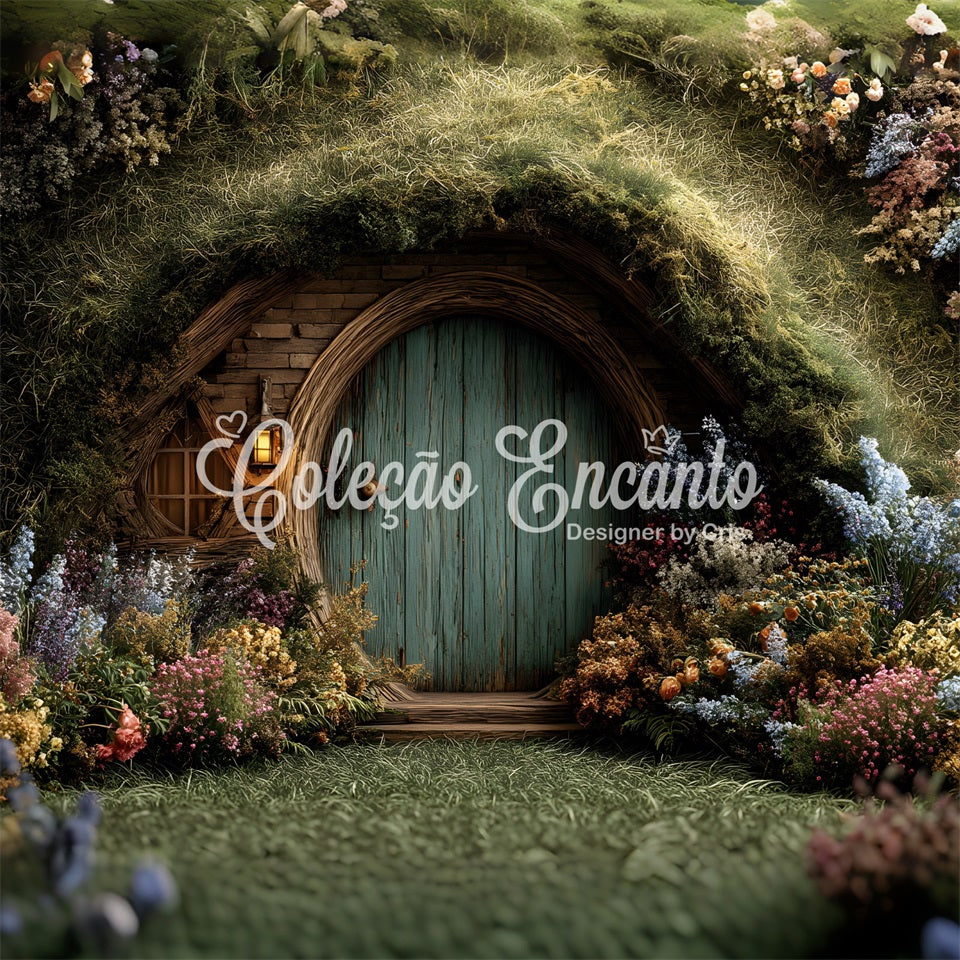 Osterhasenbau-Hintergrund Verzaubertes Mooshäuschen Blumige Tür Osterfotografie-Hintergrund Von Magali