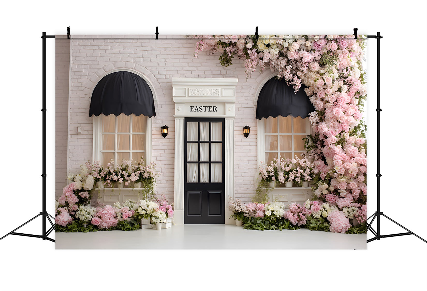 Osterkranz-Tür-Hintergrund Rosa blumige Ziegelsteintür Osterbild-Hintergrundideen Von Magali