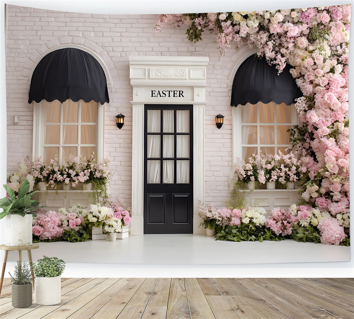 Osterkranz-Tür-Hintergrund Rosa blumige Ziegelsteintür Osterbild-Hintergrundideen Von Magali
