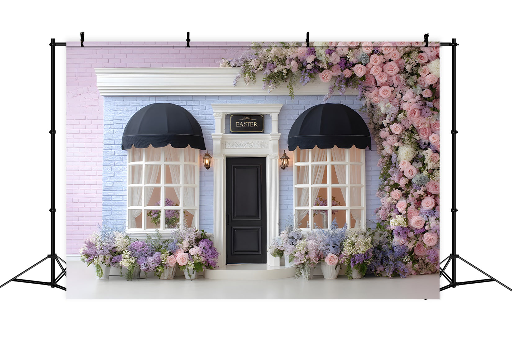 Osterfrühling-Hintergrund Pastellfarbene blumige Ziegelsteintür Osterhintergrund für Fotografie Von Magali