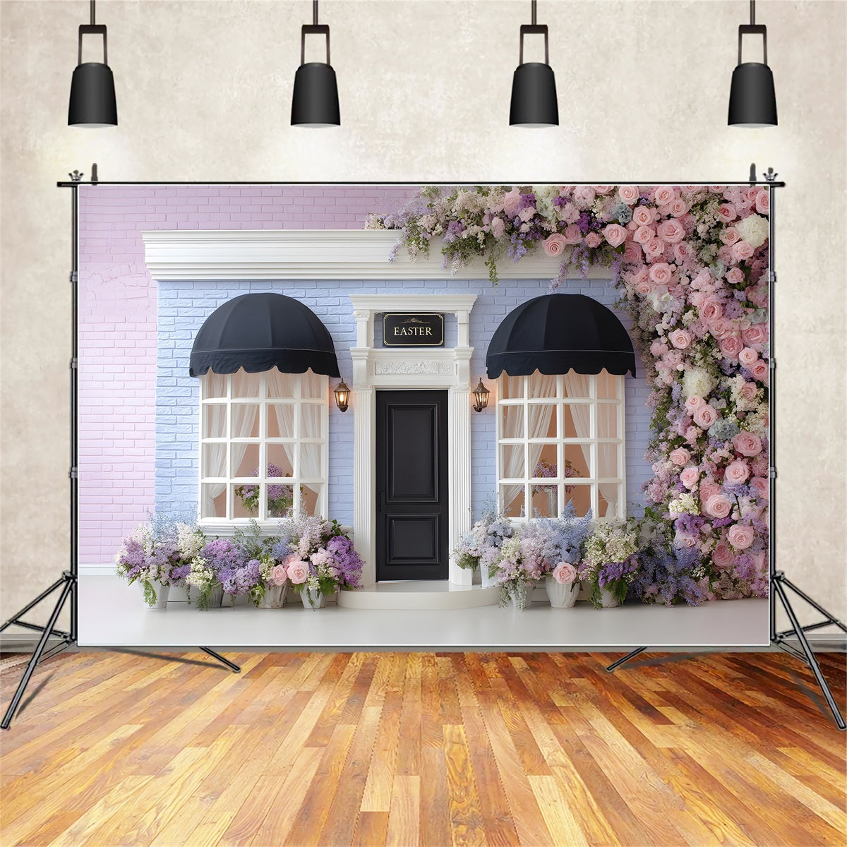 Osterfrühling-Hintergrund Pastellfarbene blumige Ziegelsteintür Osterhintergrund für Fotografie Von Magali