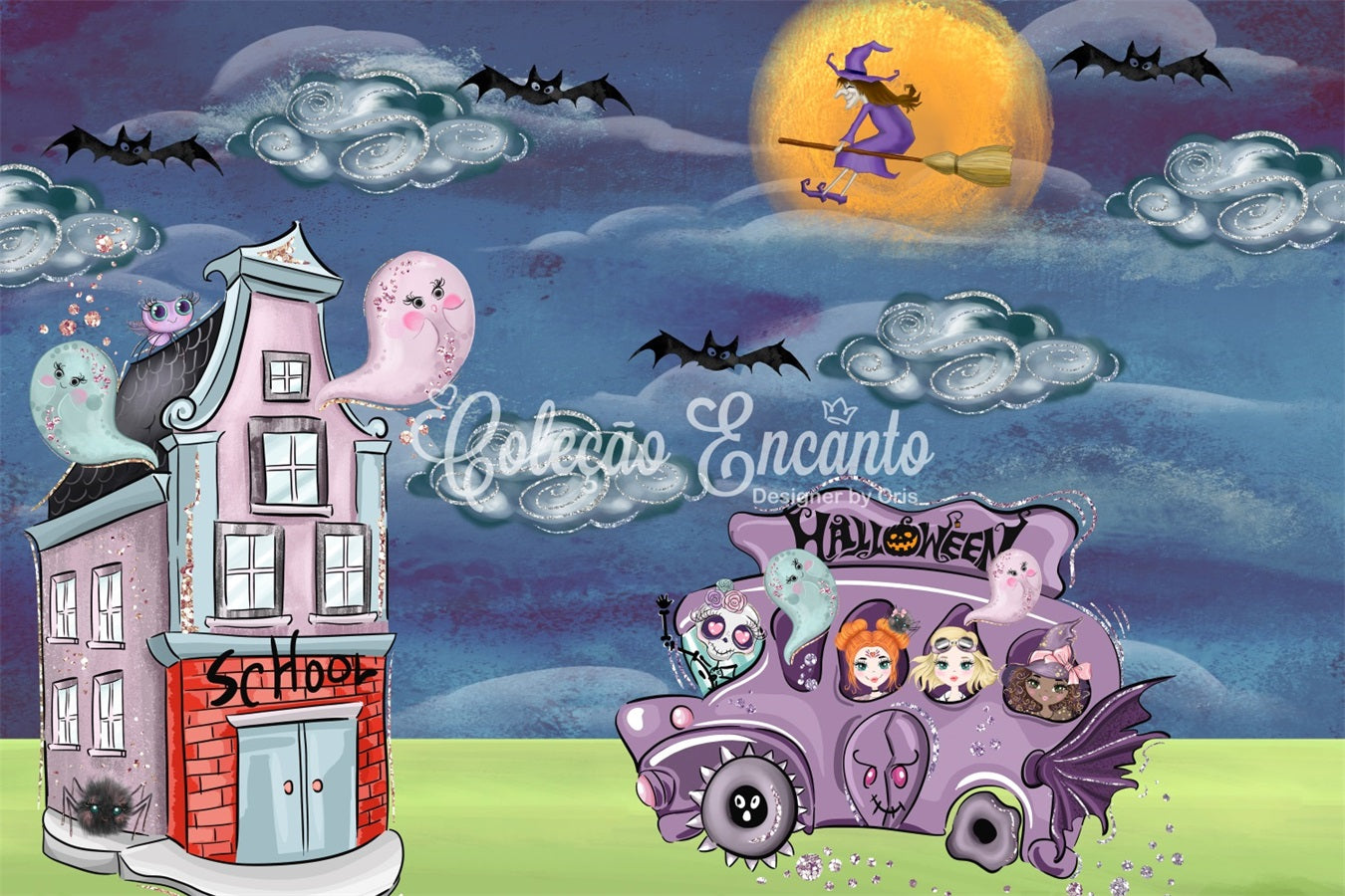 Neugeborenen-Fotohintergrund Gruseliger Bus Hexenmond Halloween-Hintergründe für Kinder von Magali