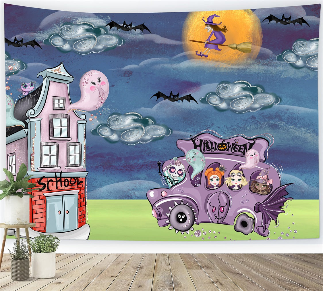 Neugeborenen-Fotohintergrund Gruseliger Bus Hexenmond Halloween-Hintergründe für Kinder von Magali