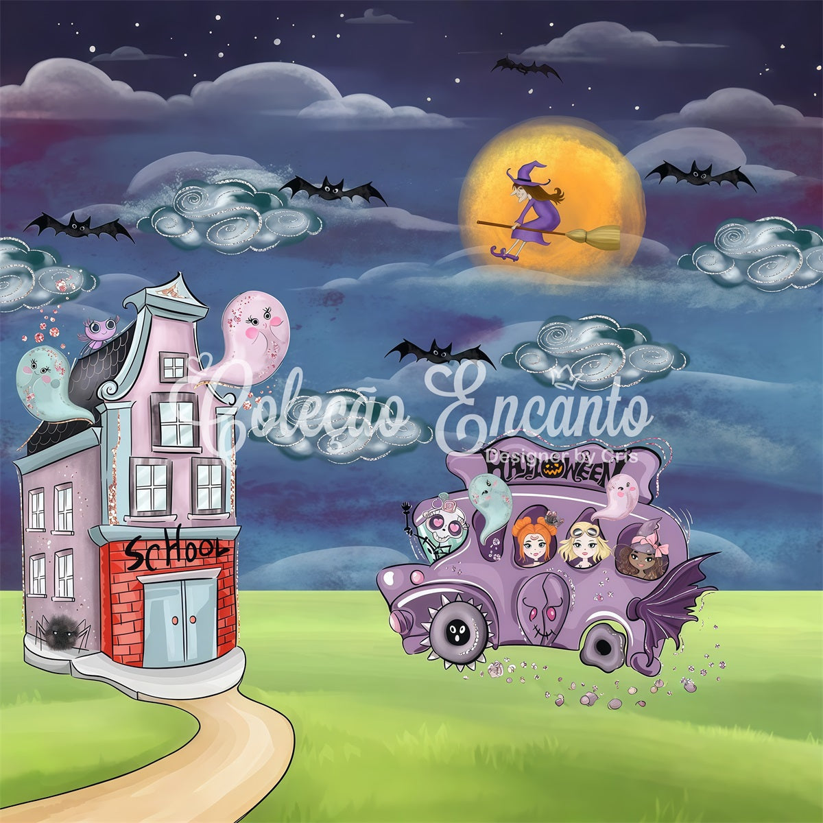 Neugeborenen-Fotohintergrund Gruseliger Bus Hexenmond Halloween-Hintergründe für Kinder von Magali