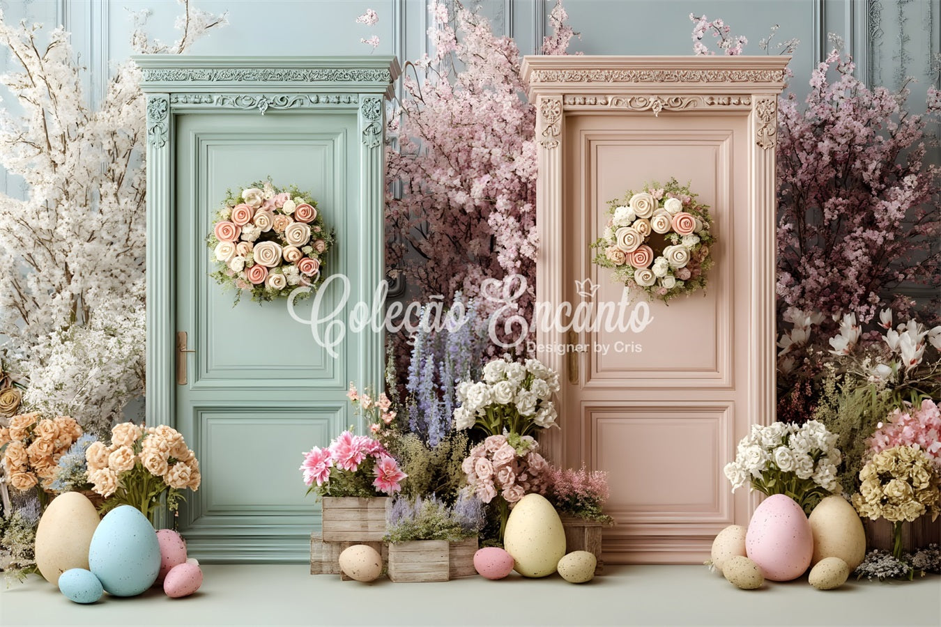 Oster-Frühlings-Blumenkranz-Hintergrund Doppelte Blumentüren Eier Oster-Hintergründe für Fotos von Magali