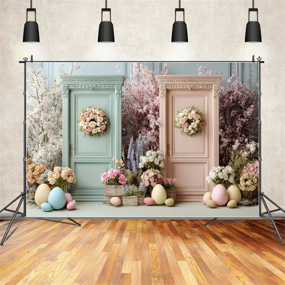Oster-Frühlings-Blumenkranz-Hintergrund Doppelte Blumentüren Eier Oster-Hintergründe für Fotos von Magali