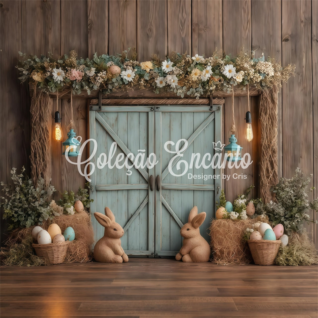 Oster-rustikaler Hintergrund Rustikale Hasen-Eier-Tür Frohe Ostern Foto-Hintergrund von Magali