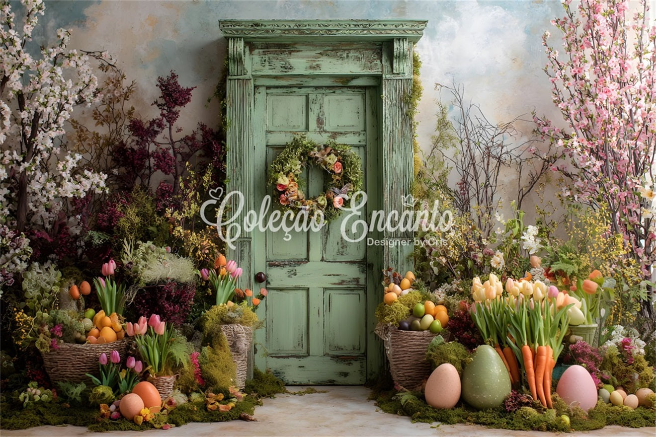 Oster-Tulpen-Hintergrund Moosbewachsene rustikale grüne Tür Eier-Fotohintergründe für Ostern von Magali