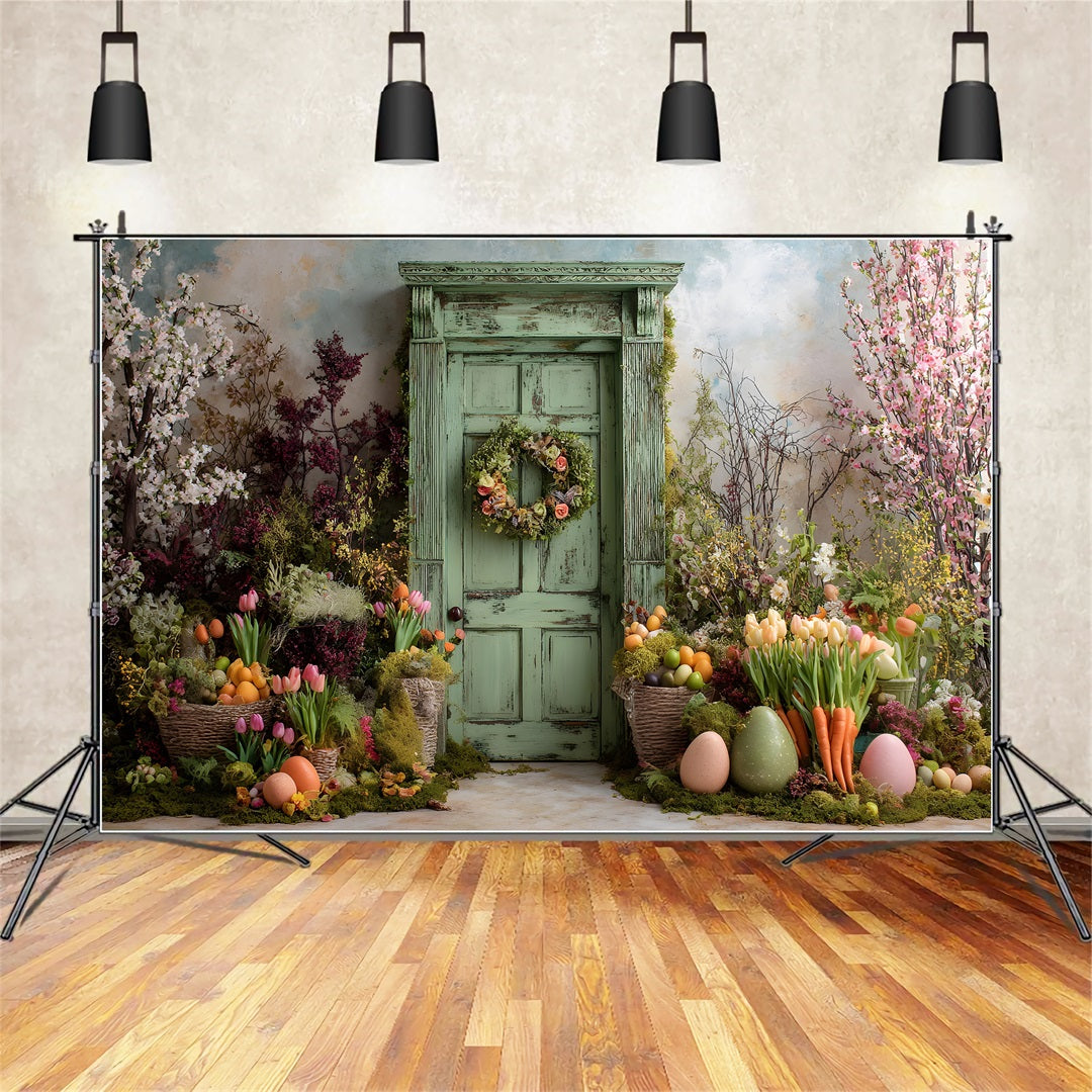 Oster-Tulpen-Hintergrund Moosbewachsene rustikale grüne Tür Eier-Fotohintergründe für Ostern von Magali