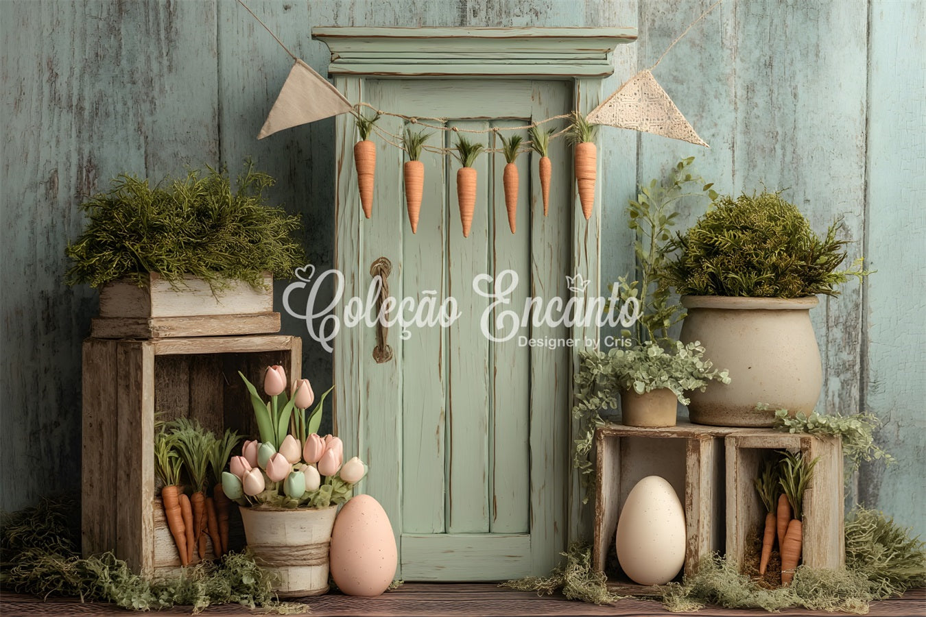 Karotten-Hintergrund Tulpen Eier Rustikale Holztür Oster-Hintergründe für Fotografie von Magali