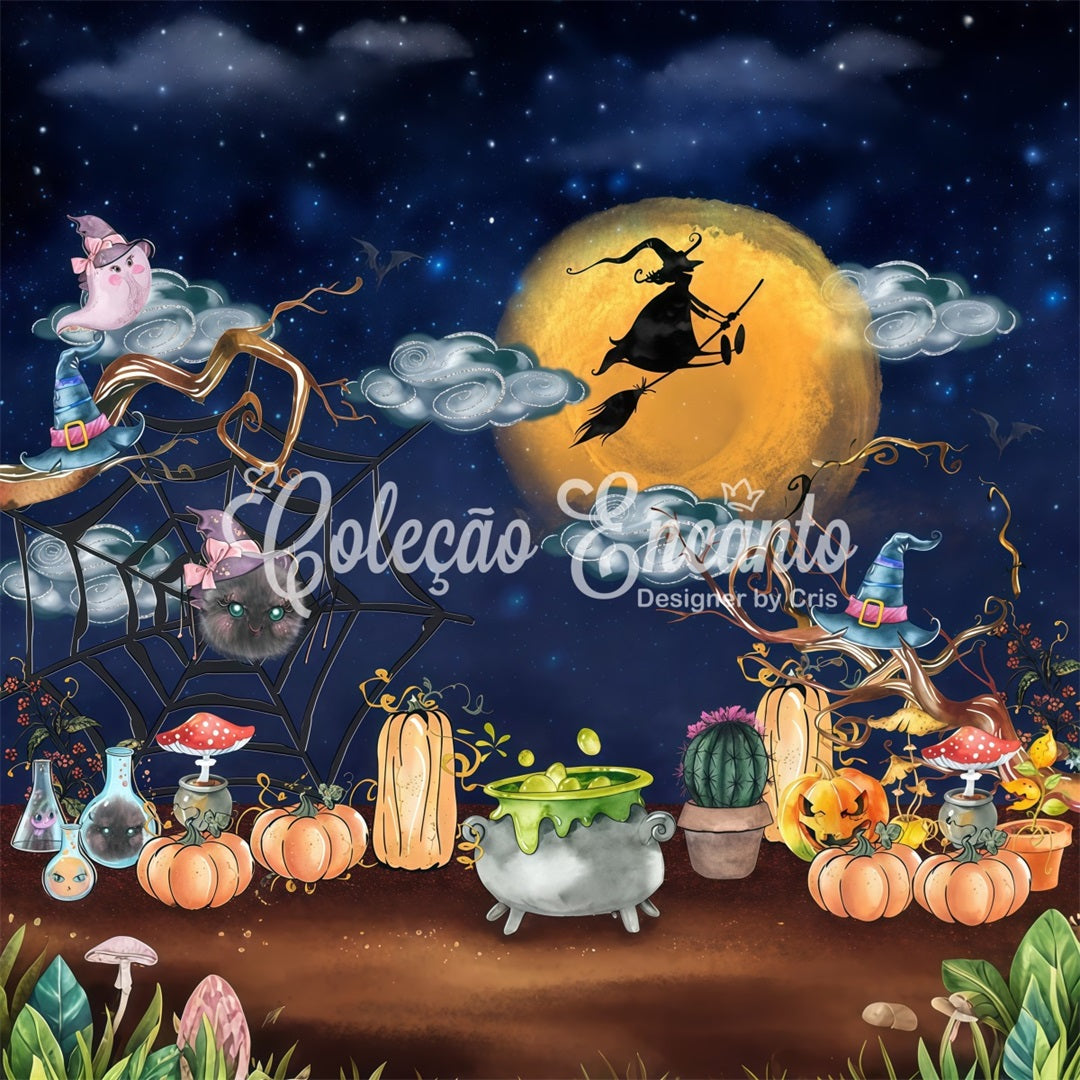 Hintergrund für Kinder Mitternachtshexe Kessel Kürbis Halloween-Hintergrund für Kinder von Magali