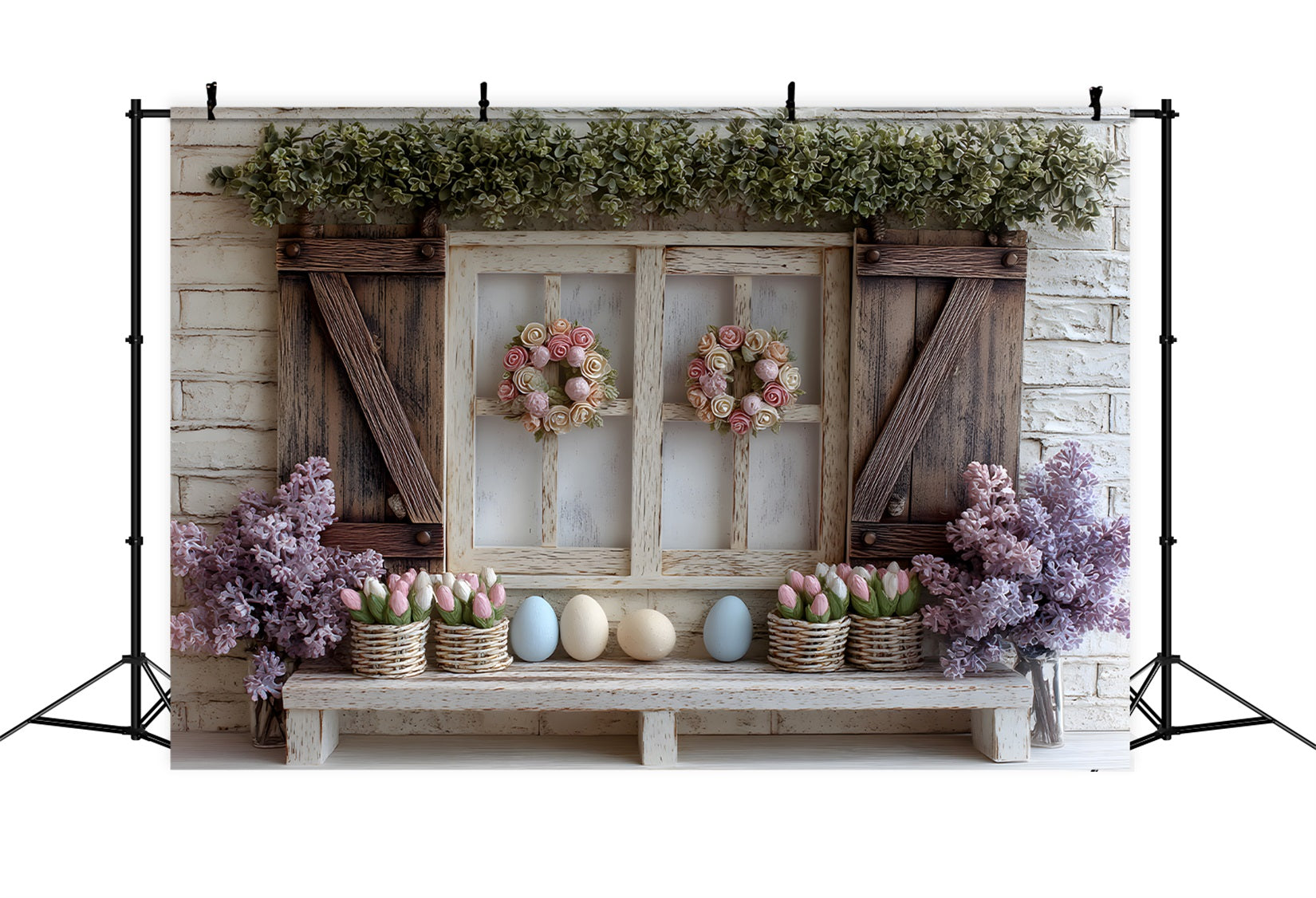 Oster-Frühlings-Hintergrund Pastell-Tulpen Eier Fenster Oster-Fotohintergrund von Magali