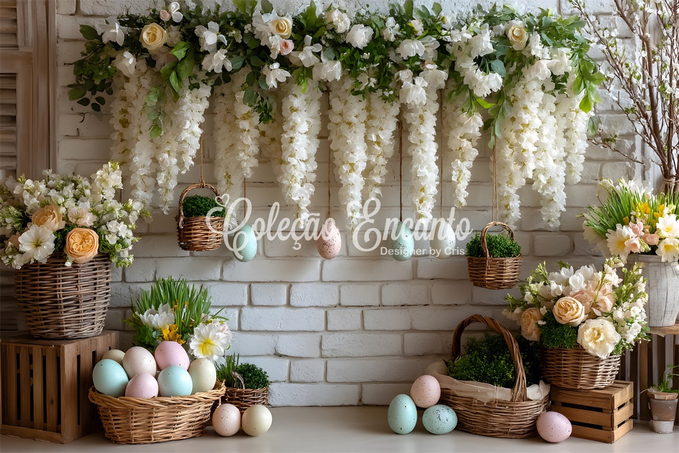Osterkorb-Hintergrund Weiße Blumen-Ei-Wand Oster-Themenhintergründe Von Magali