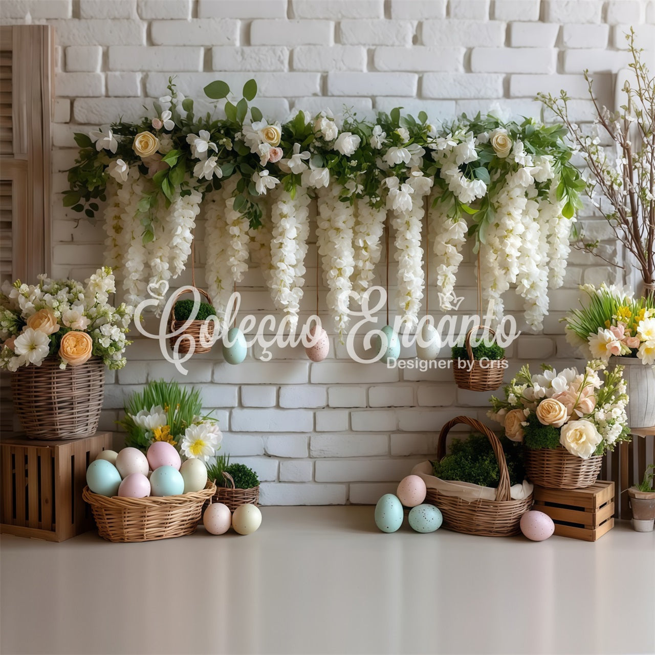 Osterkorb-Hintergrund Weiße Blumen-Ei-Wand Oster-Themenhintergründe Von Magali