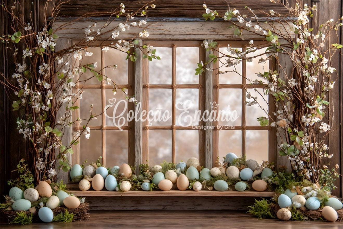 Hintergrund mit Eiern Rustikales Fenster Blumenblüten Hintergrundideen für Osterfotos Von Magali