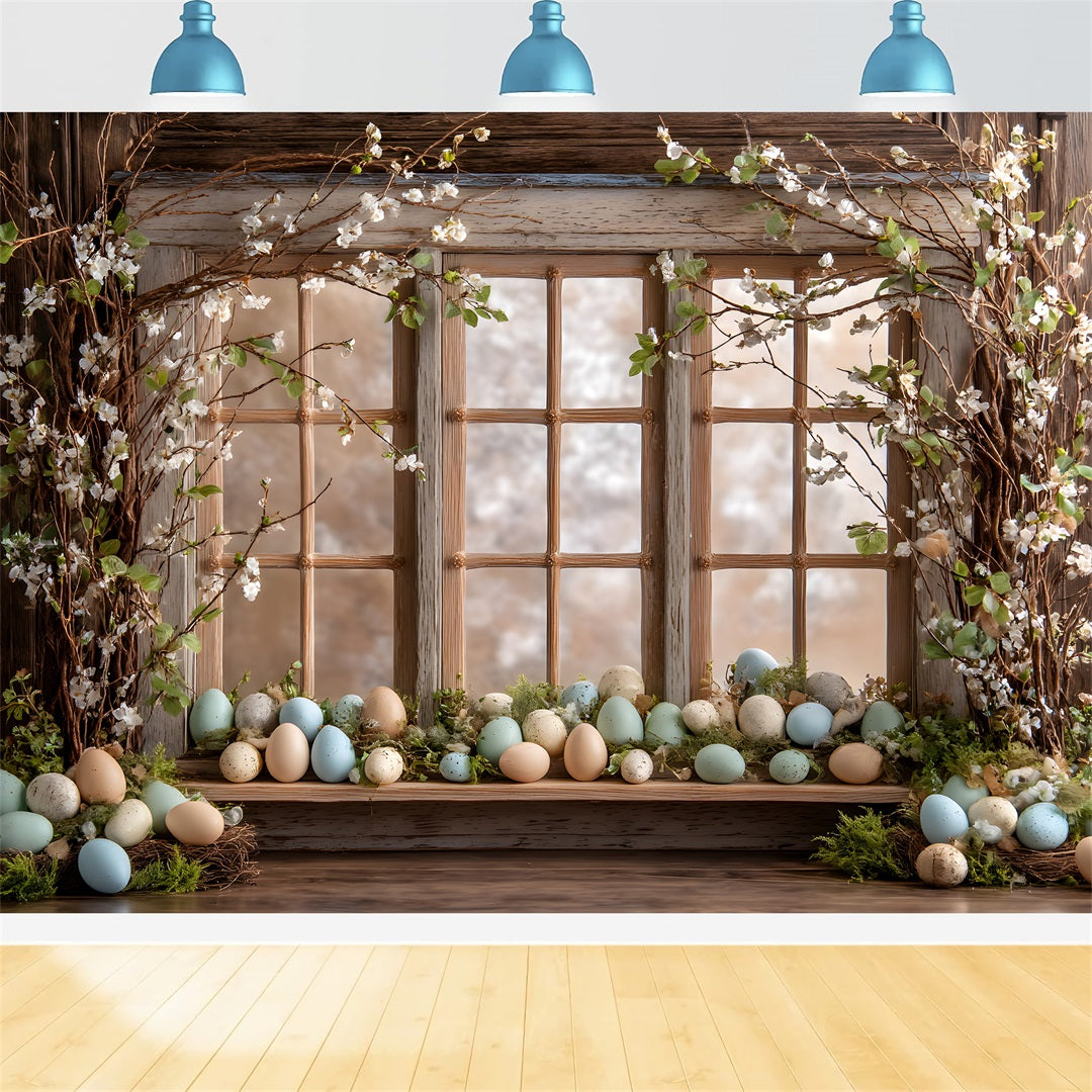 Hintergrund mit Eiern Rustikales Fenster Blumenblüten Hintergrundideen für Osterfotos Von Magali