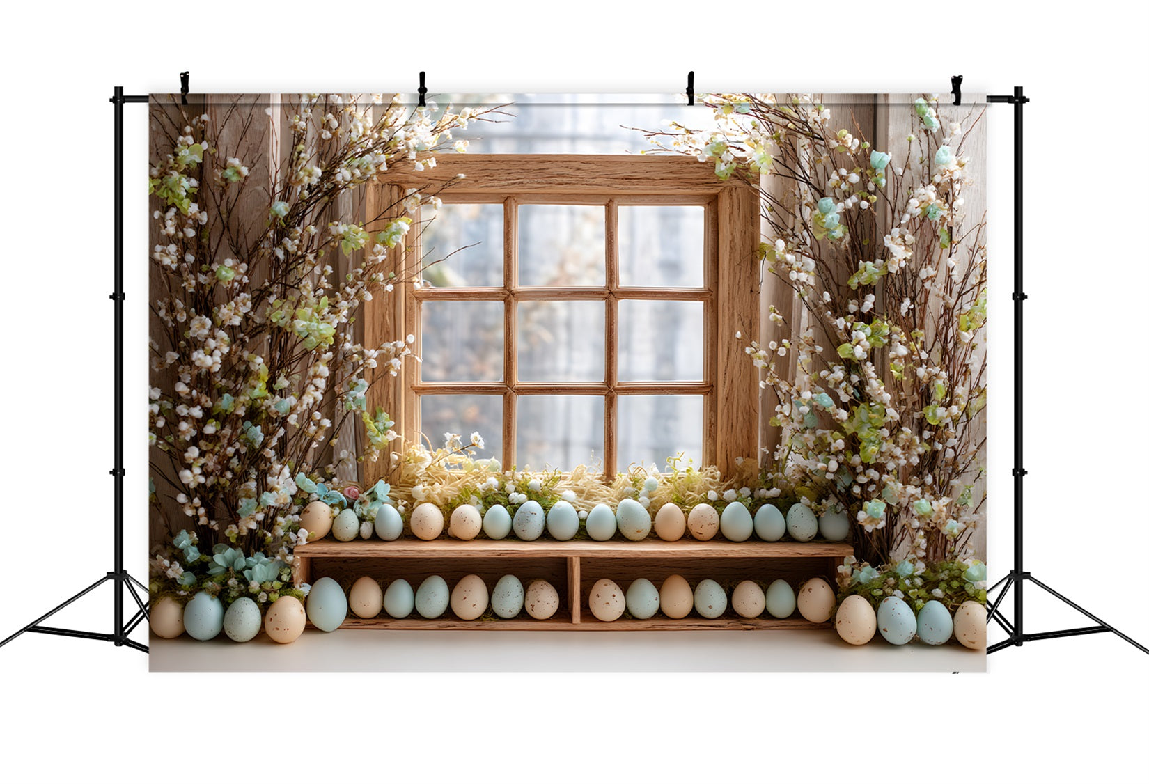 Hintergrund mit Ostereiern Blumenblüten Holzfenster Fotoshooting Osterhintergrund Von Magali