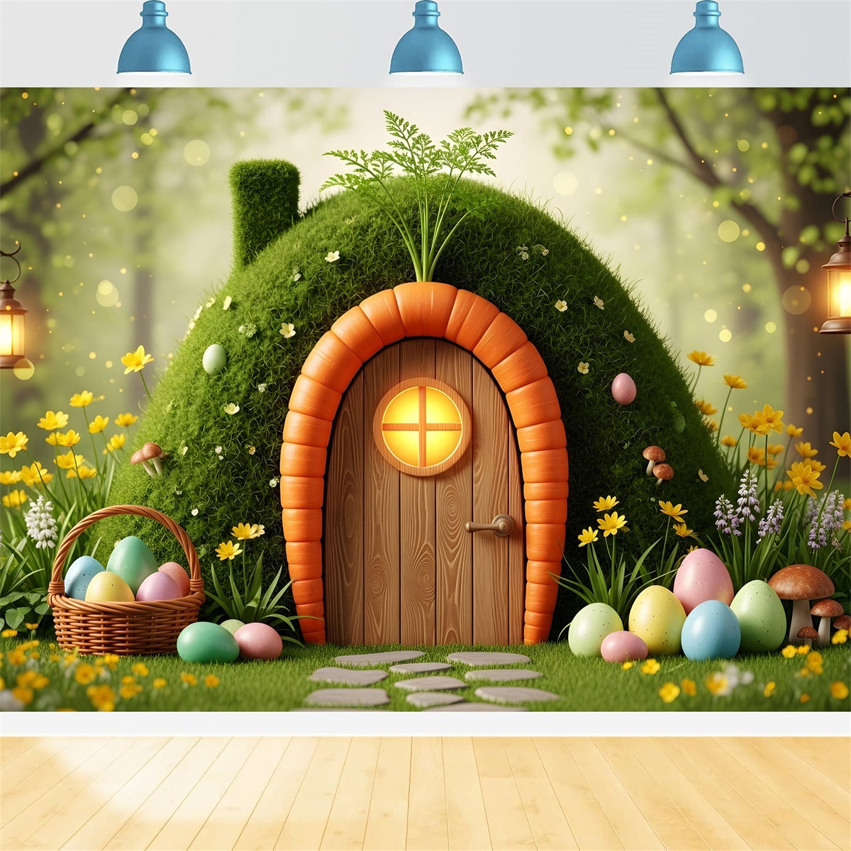 Natürlicher Osterhintergrund Karotten-Tür Moosiges Eierhaus Osterhintergründe für draußen Von Magali