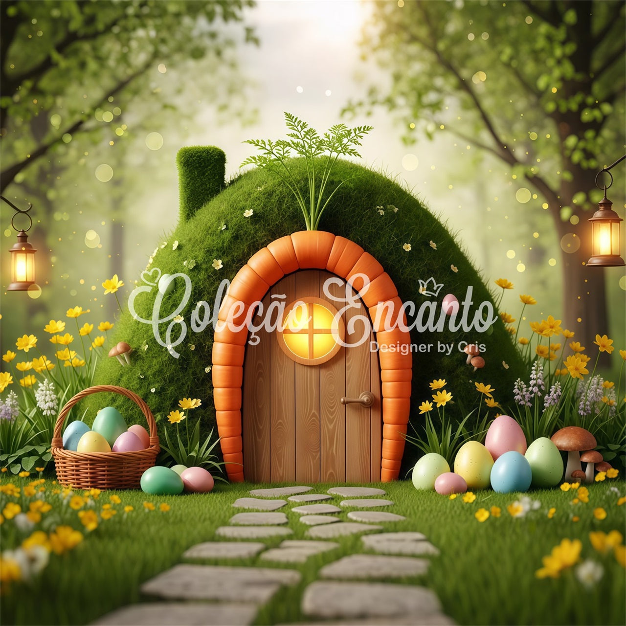 Natürlicher Osterhintergrund Karotten-Tür Moosiges Eierhaus Osterhintergründe für draußen Von Magali