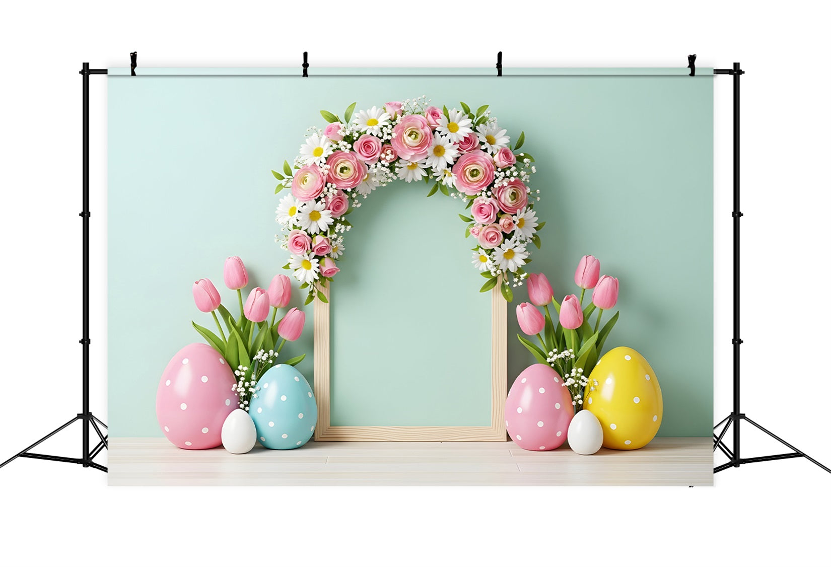 Oster-Tulpen-Hintergrund Bogen Blumenrahmen Eier Osterbilder Hintergrund von Magali