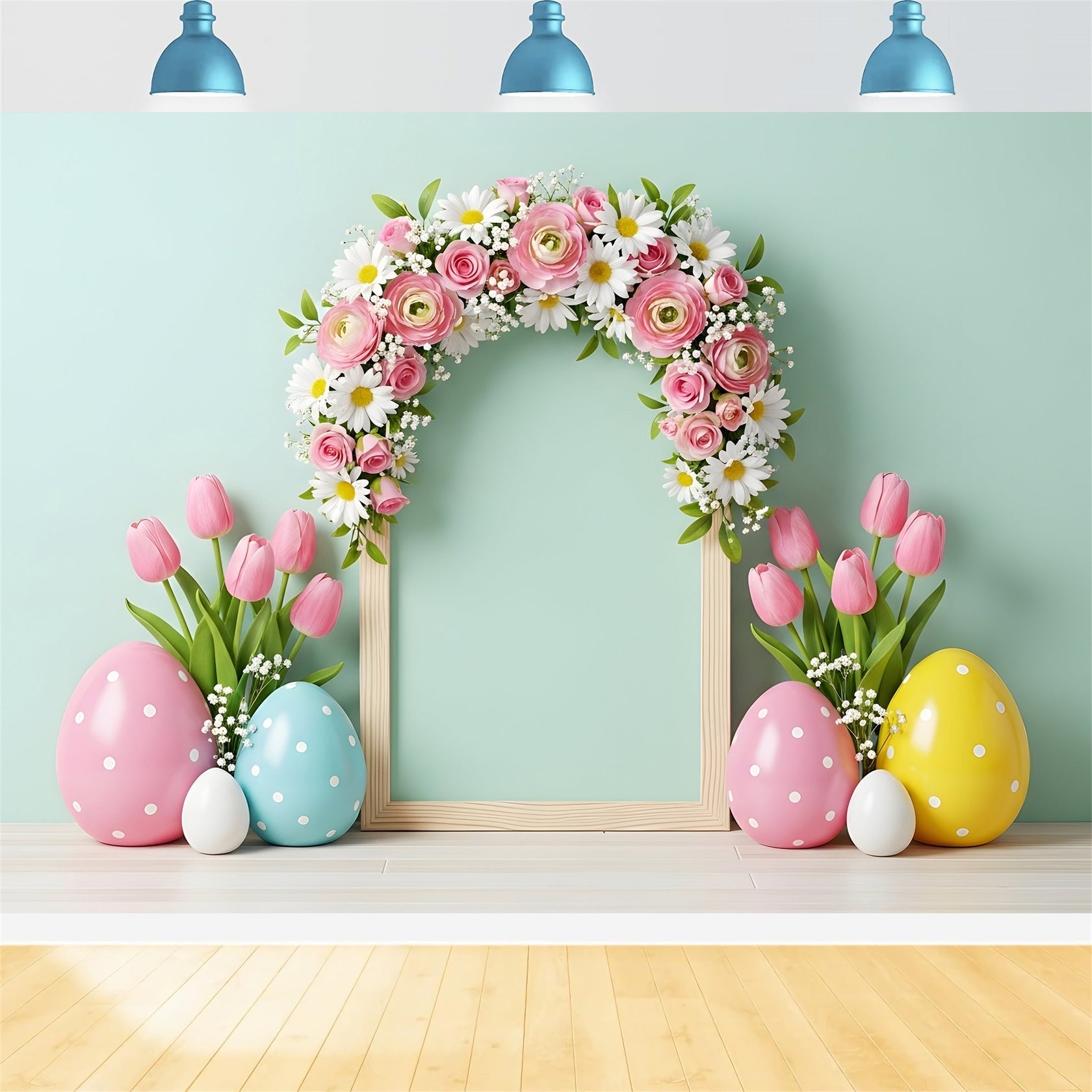 Oster-Tulpen-Hintergrund Bogen Blumenrahmen Eier Osterbilder Hintergrund von Magali