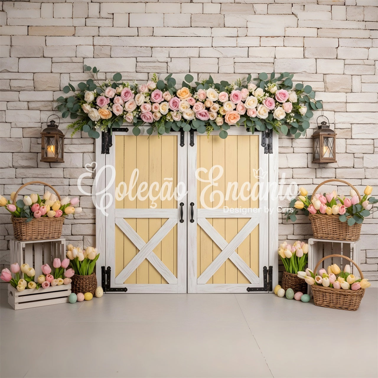 Osterkranz Türrahmen Hintergrund Gelbe Tür Tulpen Eierkorb Oster-Hintergrundbilder von Magali