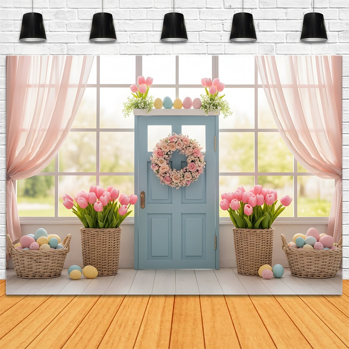 Osterfenster Frühlingslicht-Hintergrund Blaue Tür Tulpen Eierkörbe Oster-Hintergrundfotos von Magali