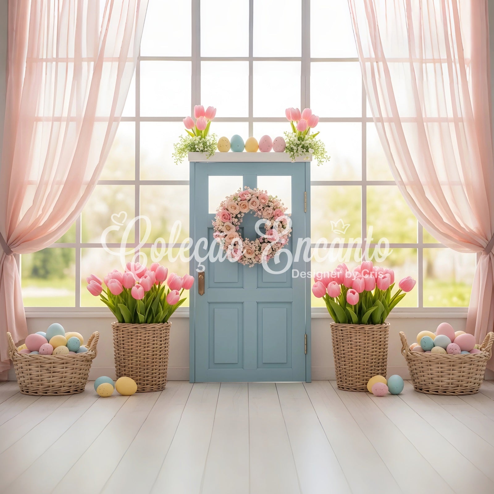 Osterfenster Frühlingslicht-Hintergrund Blaue Tür Tulpen Eierkörbe Oster-Hintergrundfotos von Magali