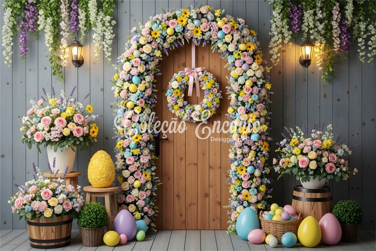 Oster-Frühlings-Blumenkranz-Hintergrund Blumiger Eierbogen Tür Oster-Hintergrundideen von Magali
