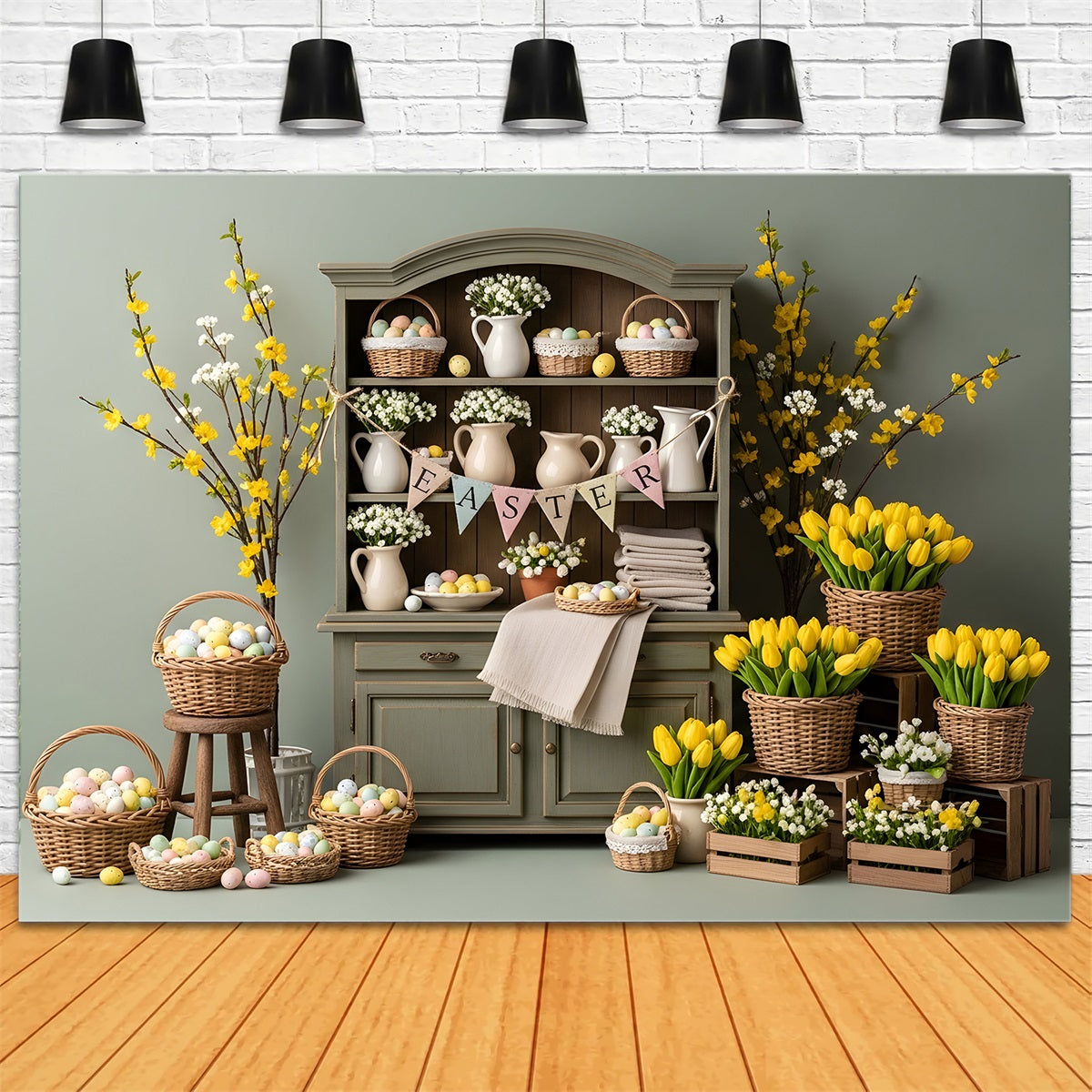 Oster-Tulpen-Hintergrund Oster-Schrank Eierkörbe Hintergrundideen für Ostern von Magali