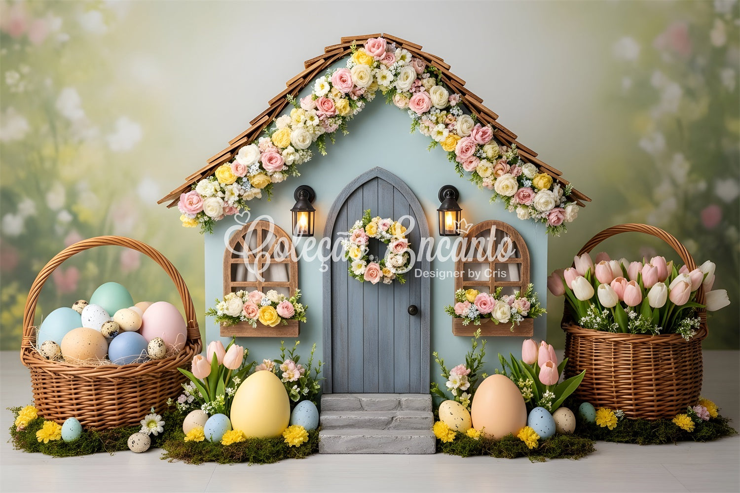 Oster-Eier-Hintergrund Blumiges Cottage-Haus Tulpen-Fotokabine Oster-Hintergrundideen von Magali