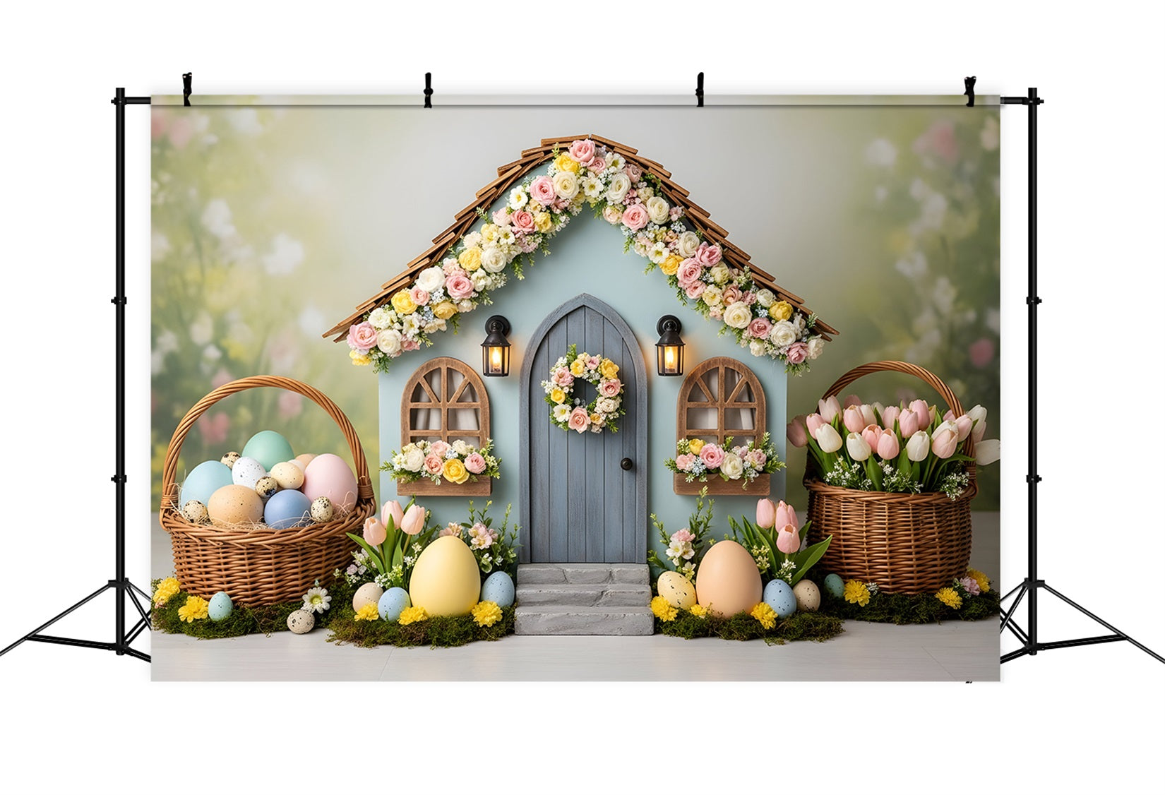 Oster-Eier-Hintergrund Blumiges Cottage-Haus Tulpen-Fotokabine Oster-Hintergrundideen von Magali