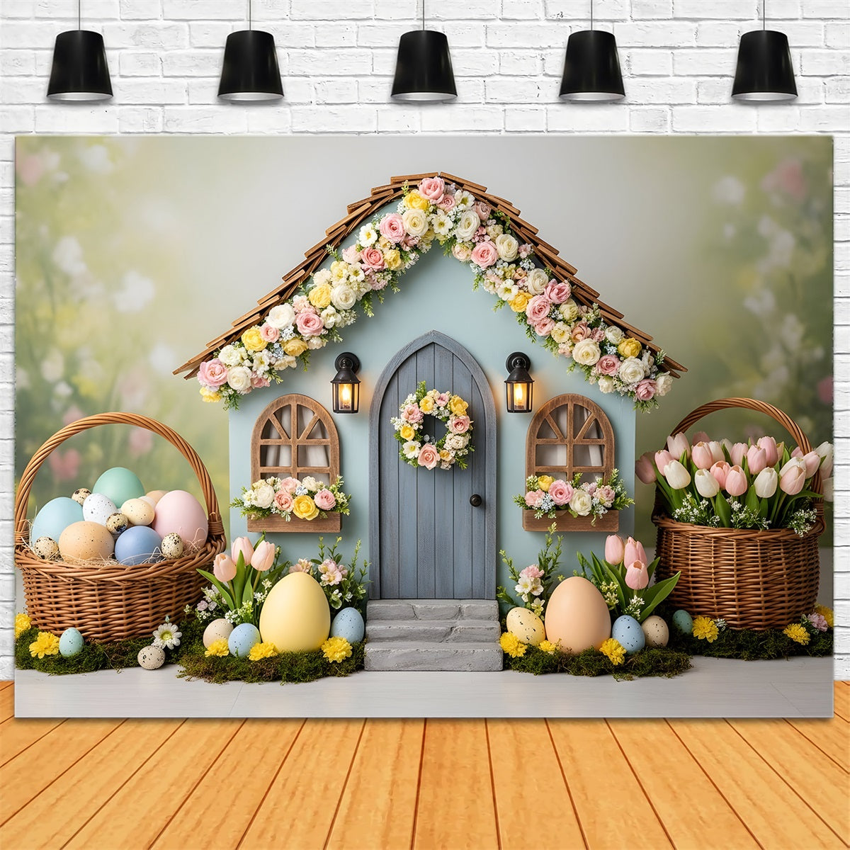 Oster-Eier-Hintergrund Blumiges Cottage-Haus Tulpen-Fotokabine Oster-Hintergrundideen von Magali