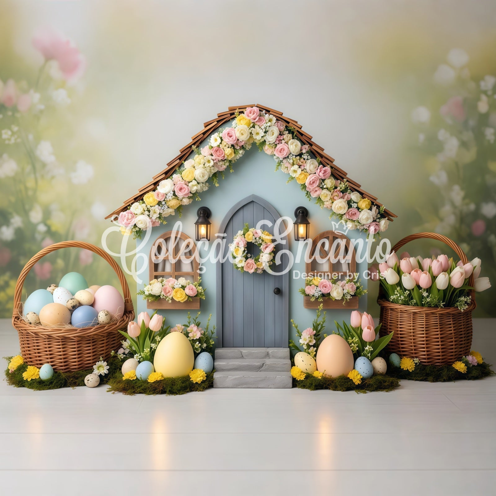Oster-Eier-Hintergrund Blumiges Cottage-Haus Tulpen-Fotokabine Oster-Hintergrundideen von Magali