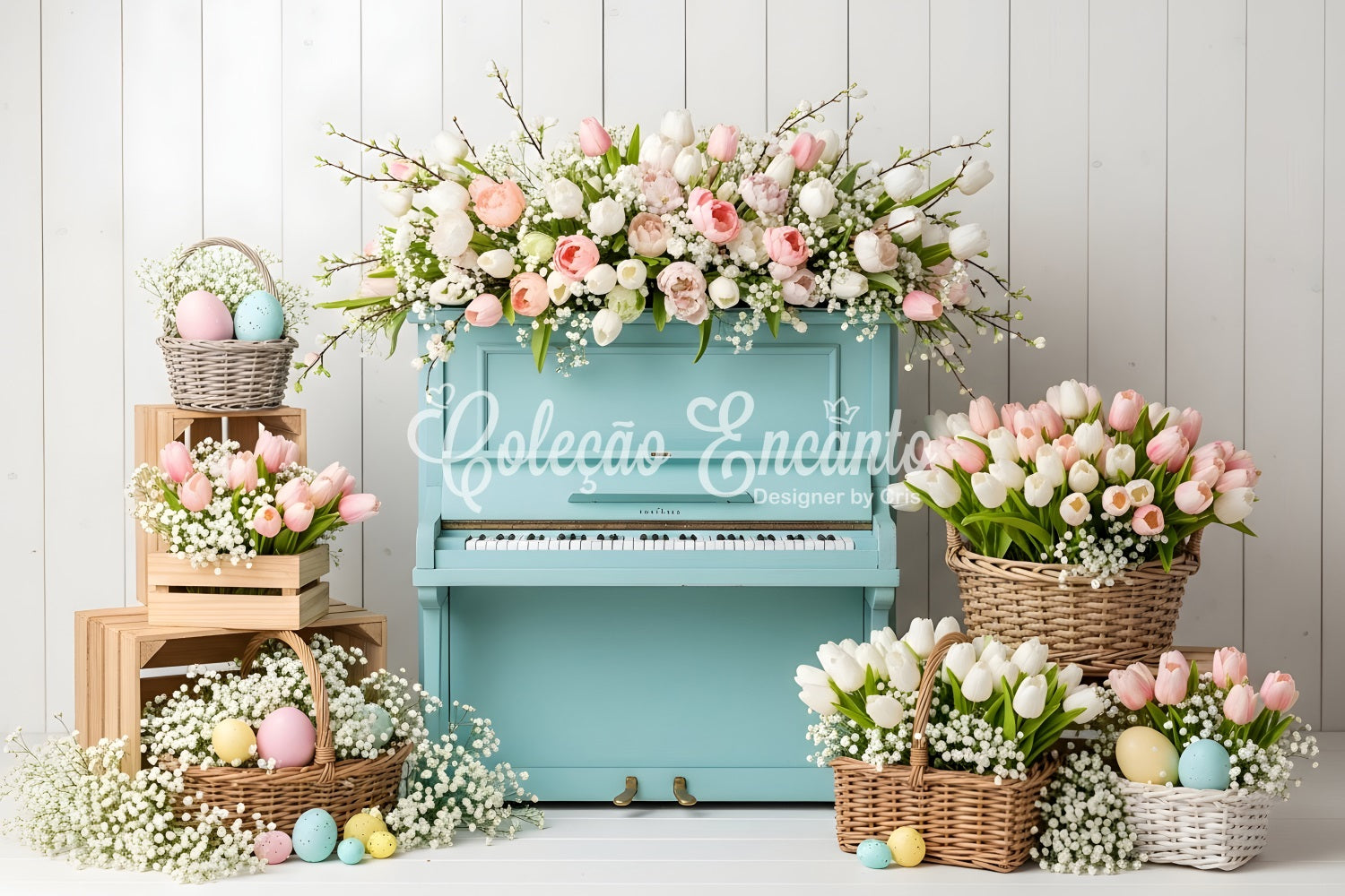 Oster-Tulpen-Hintergrund Blaues Klavier Eierkörbe Oster-Fotokabine Hintergrundideen von Magali