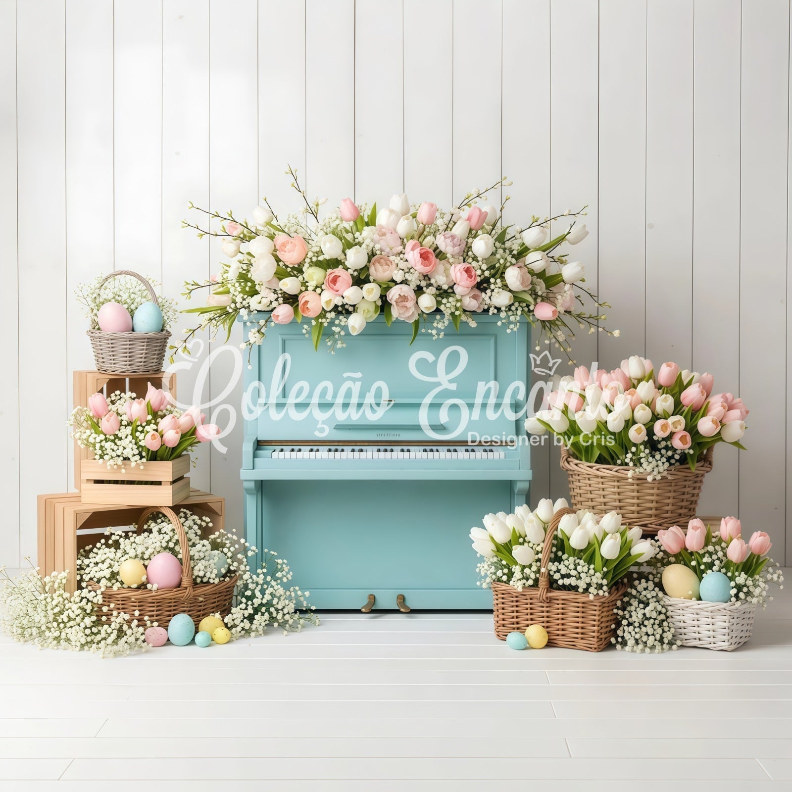 Oster-Tulpen-Hintergrund Blaues Klavier Eierkörbe Oster-Fotokabine Hintergrundideen von Magali