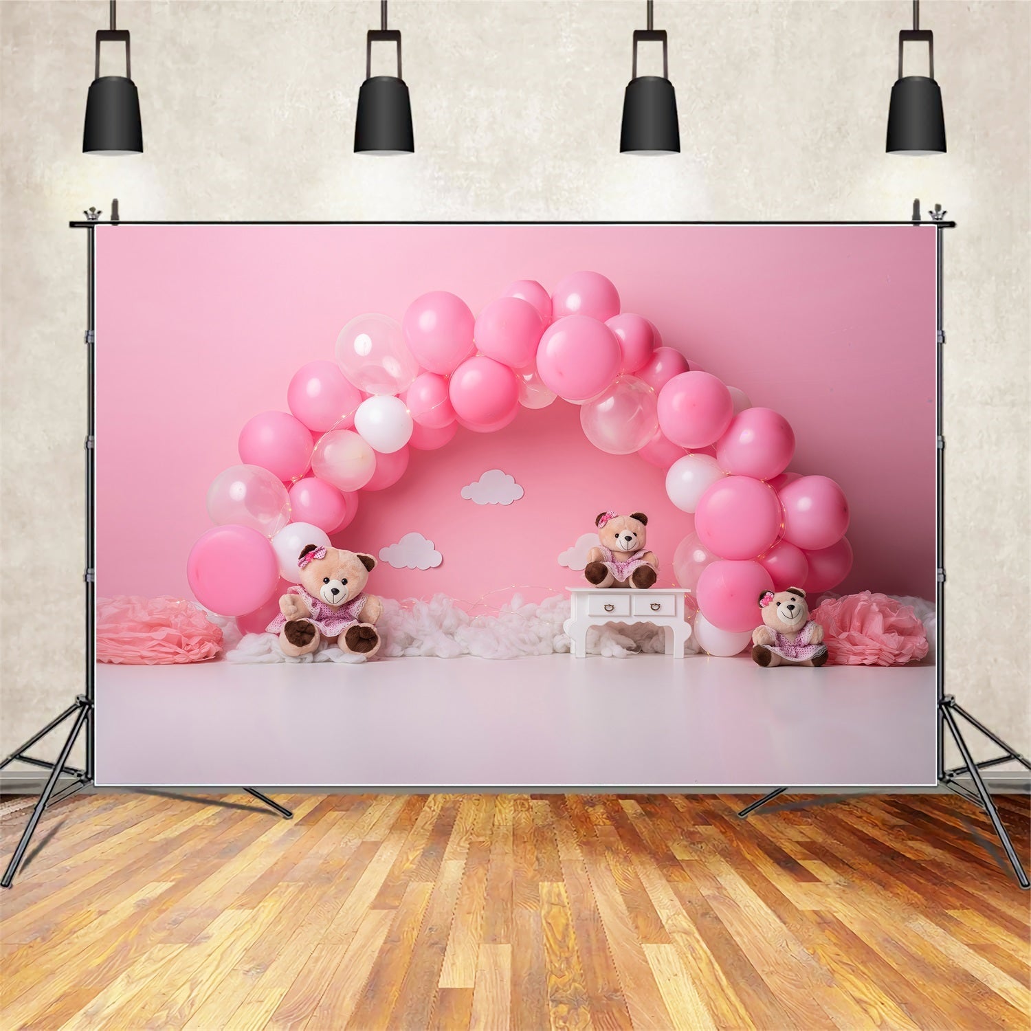 Neugeborenen-Hintergrund Rosa Ballonbogen Teddy-Trio Kinder-Fotohintergründe von Magali
