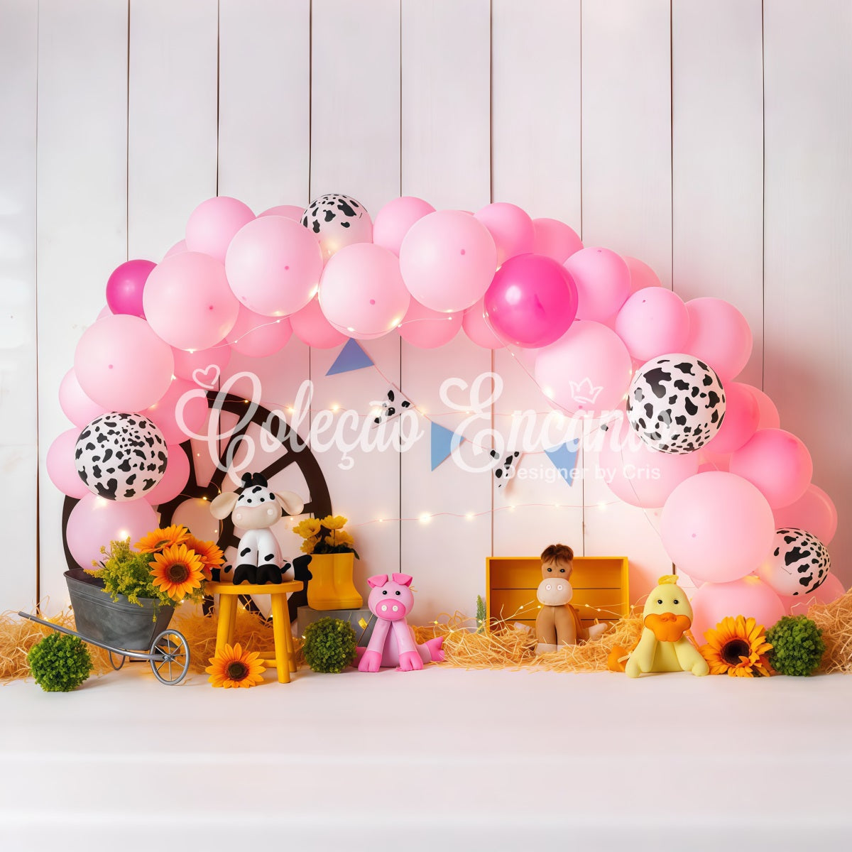 Neugeborenen-Fotohintergrund Rosa Bauernhof Ballon Sonnenblume Heu Cowgirl Hintergrundideen von Magali