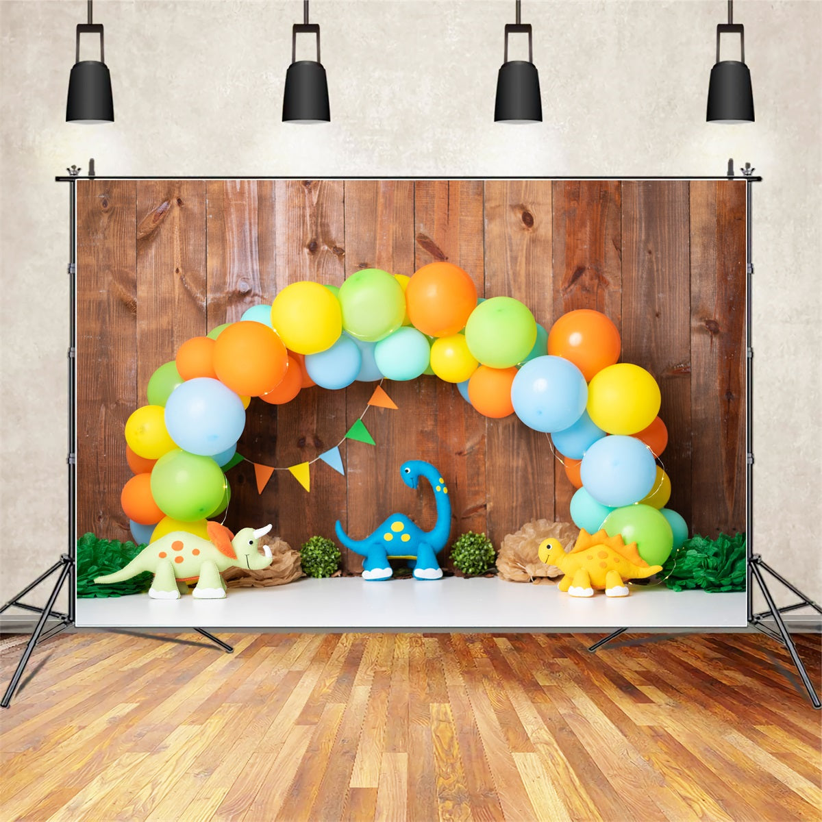 Neugeborenen-Fotohintergründe Bunte Ballons Dinosaurier Party Bogen Kinder Hintergrund von Magali