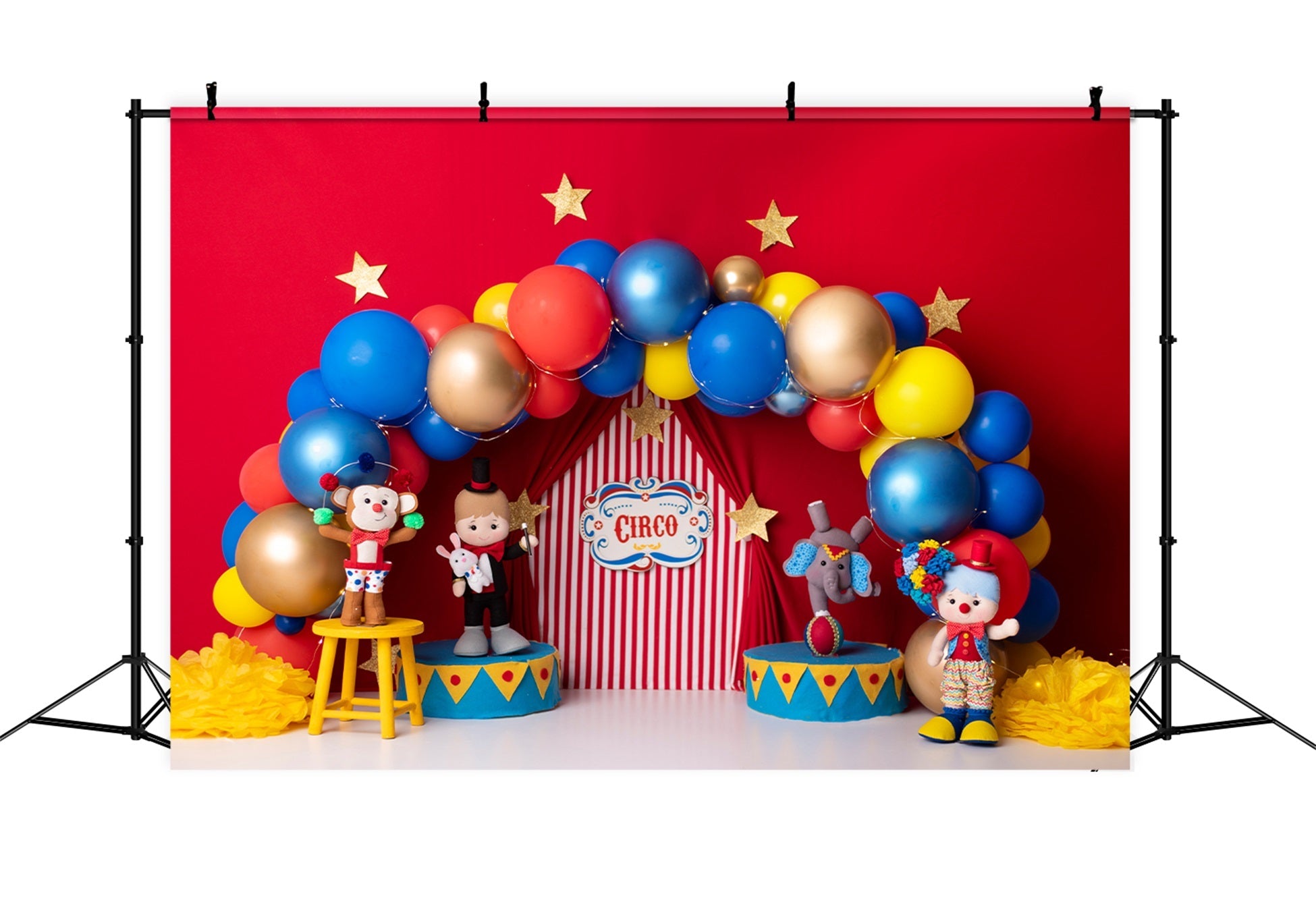 Neugeborenen-Fotoshooting-Hintergrund Rot-blaue Ballons Sternenbühne Zirkus-Hintergrund von Magali
