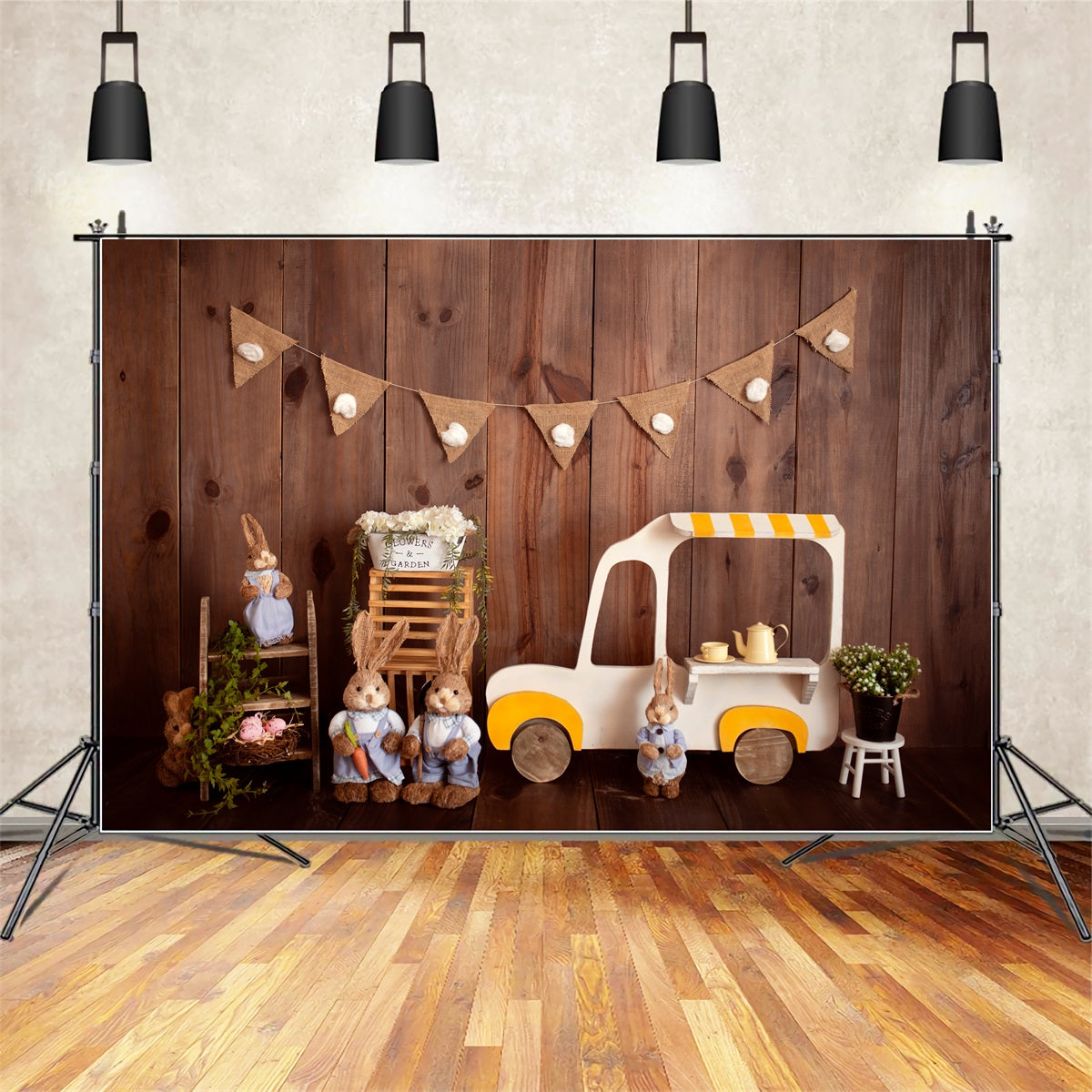 Kinderhintergründe Holzhasen-Eiswagen Oster-Fotohintergrund von Magali