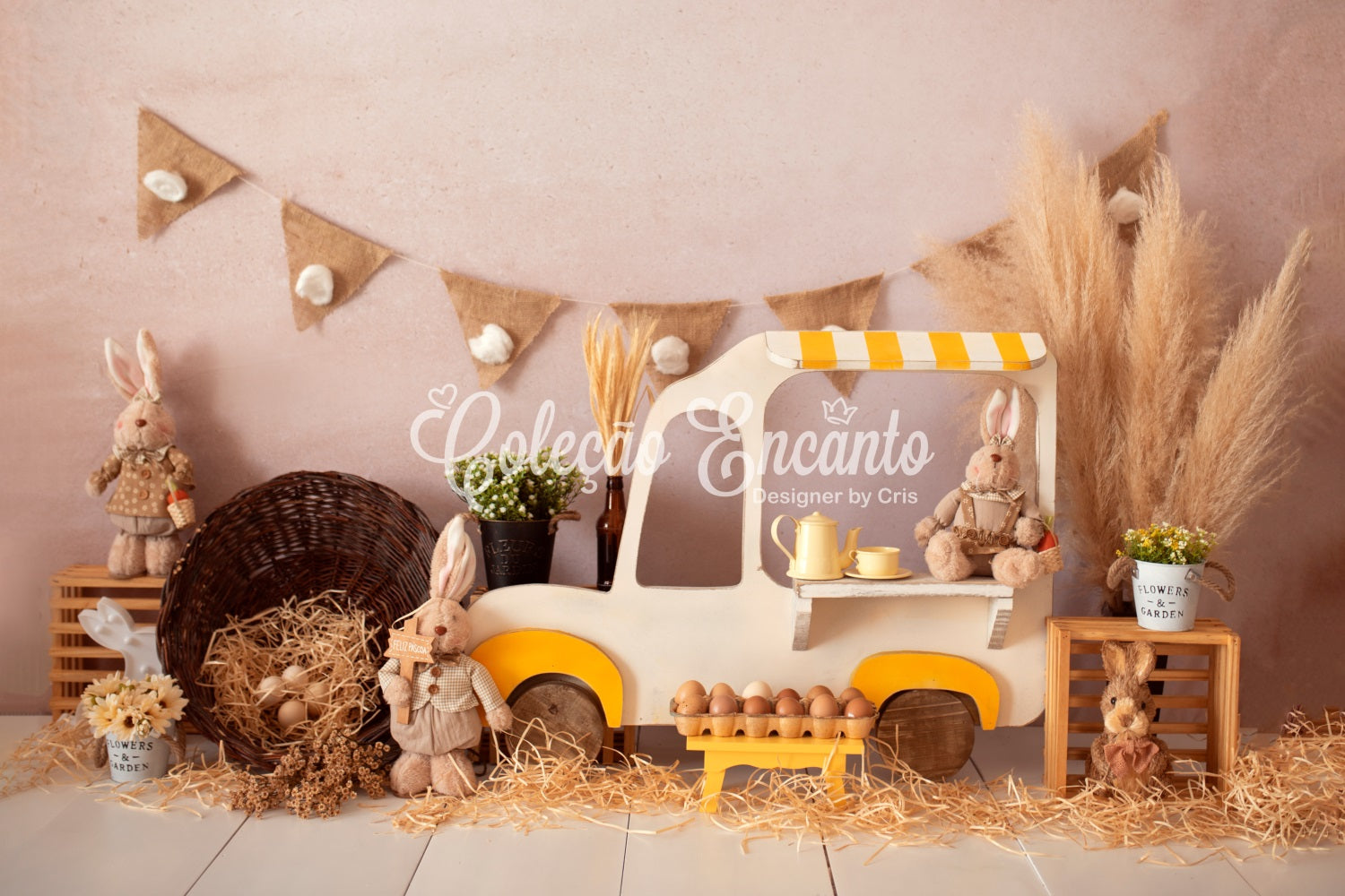 Kinderhintergrund Rustikaler Hasenmarktwagen-Display Osterhintergründe von Magali