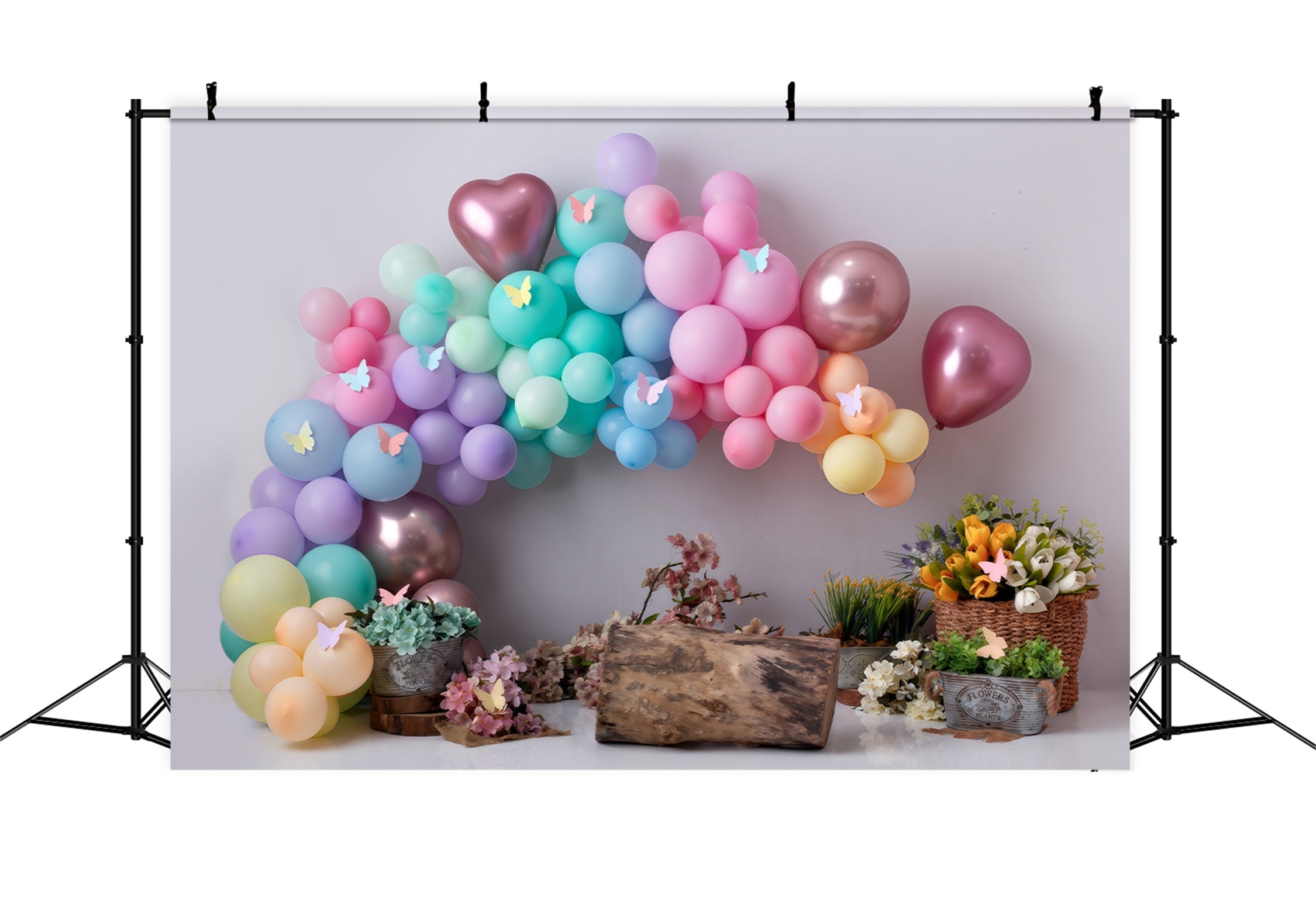 Kinderhintergrund Pastellfarbener Schmetterling Ballonblume Neugeborenen-Fotohintergrund von Magali