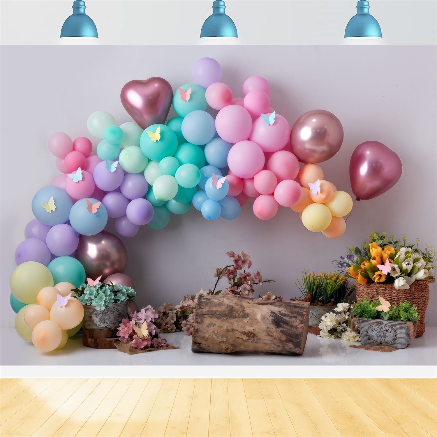 Kinderhintergrund Pastellfarbener Schmetterling Ballonblume Neugeborenen-Fotohintergrund von Magali