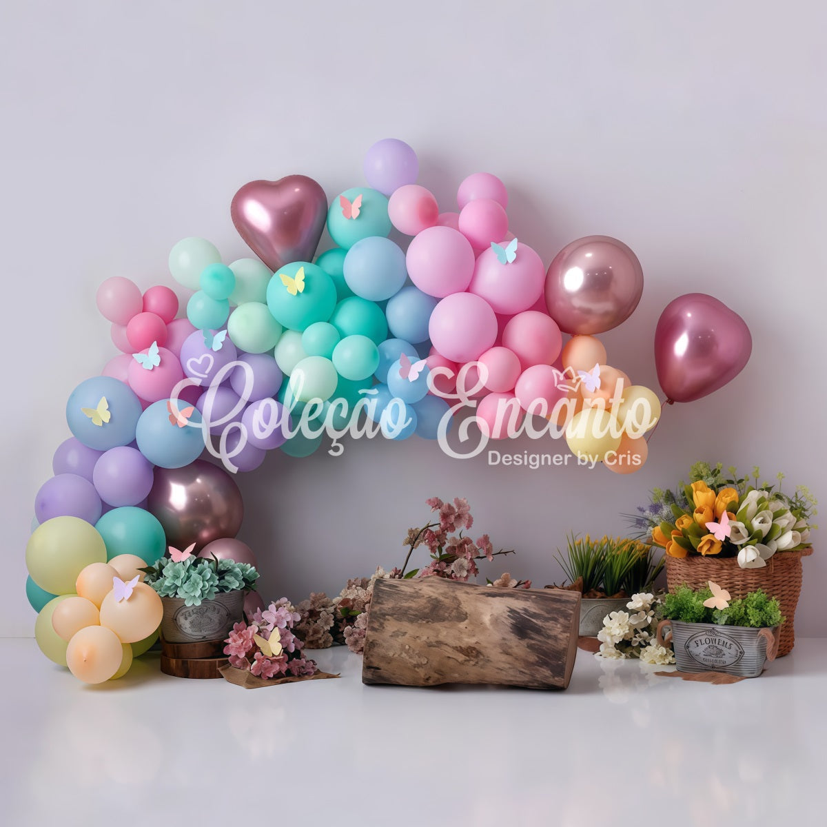 Kinderhintergrund Pastellfarbener Schmetterling Ballonblume Neugeborenen-Fotohintergrund von Magali