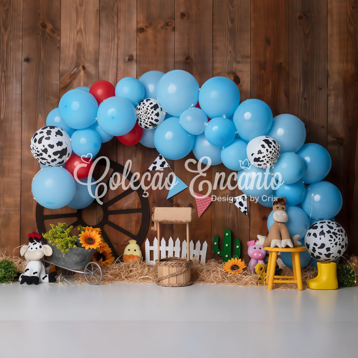 Kinderhintergründe Blaue Kuh Druck Bauernhof Ballonbogen Cowboy Hintergrund von Magali