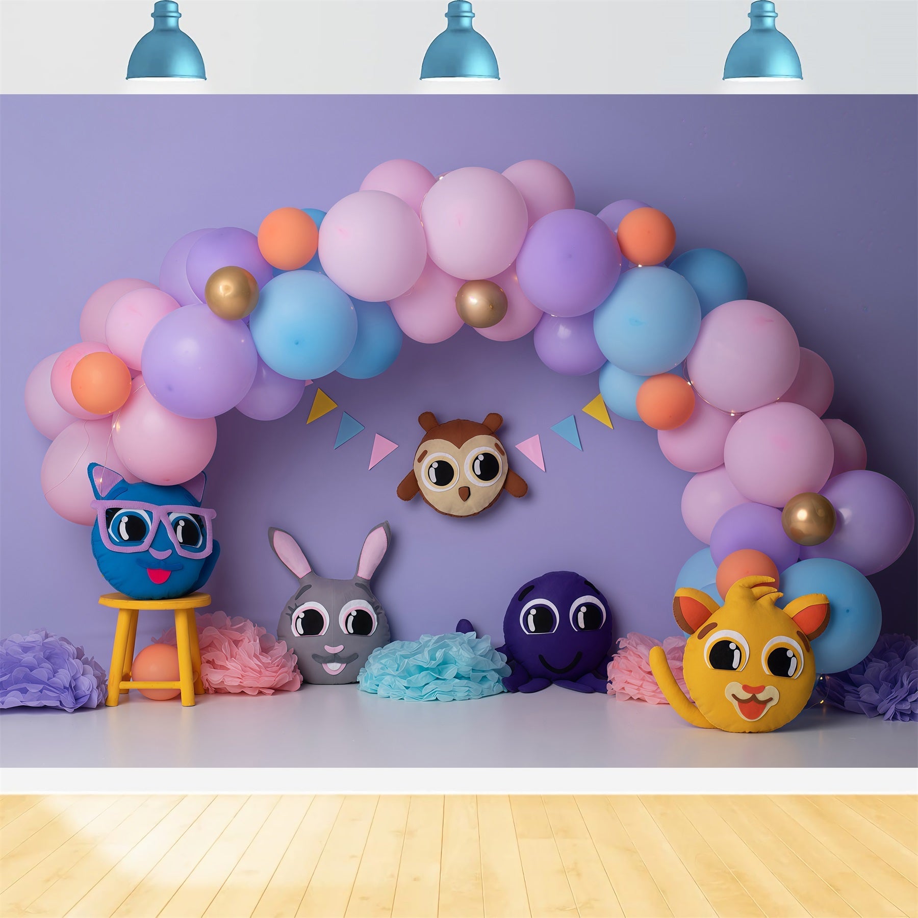 Hintergründe für Kinderfotografie Pastellfarbene Cartoon-Tier-Ballonbogen Kinderhintergrund von Magali